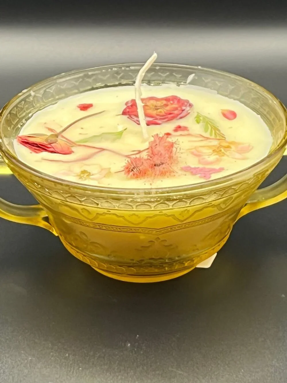 Amber Floral Double-Handled Glass Bowl Candle Rose Accent